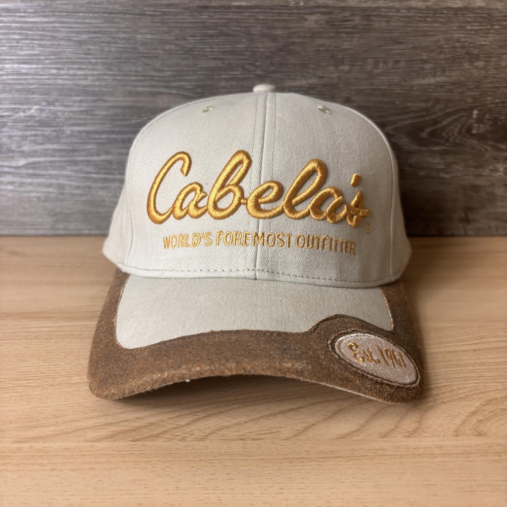 Cabelas Hat Cap Strap Back Tan Brown Embroidered Faux Suede Brim Mens
